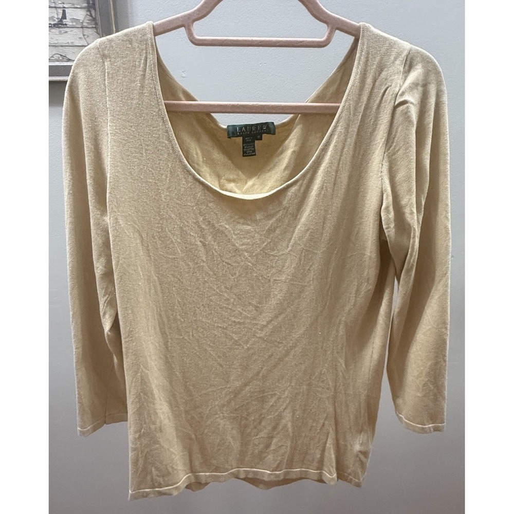 Lauren Ralph Lauren Women's Beige Silk Cotton Blend Scoop Neck 3/4 Sleeve Top M